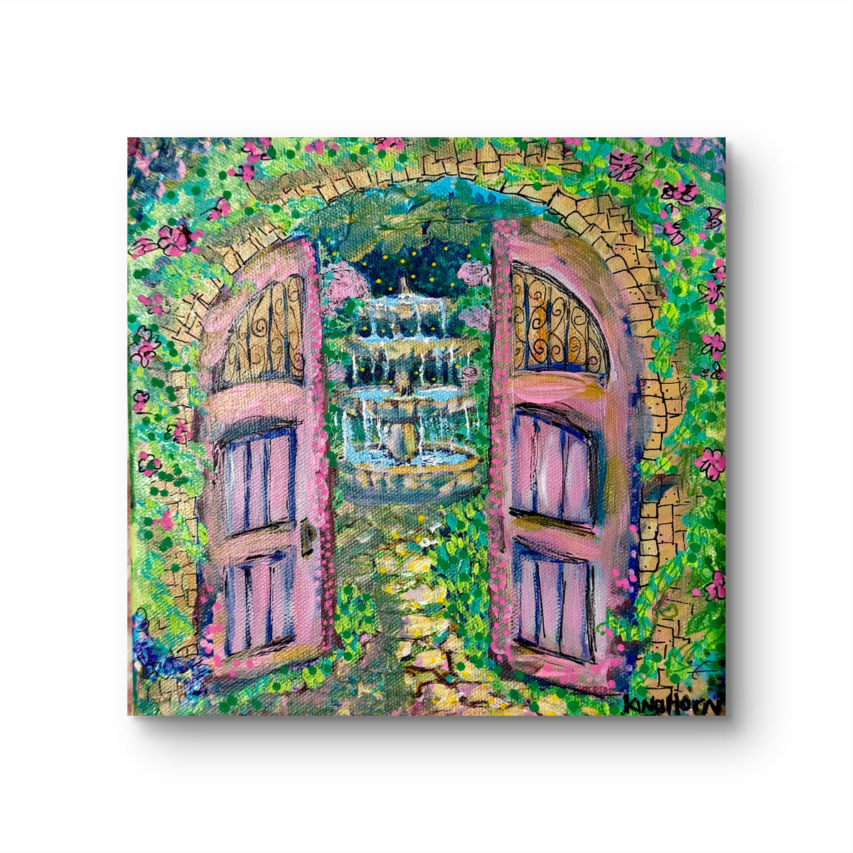 Pink Secret Garden Door Original Painting | 8x8 Acrylic on Canvas | Garden Fountain Archway Wall Art