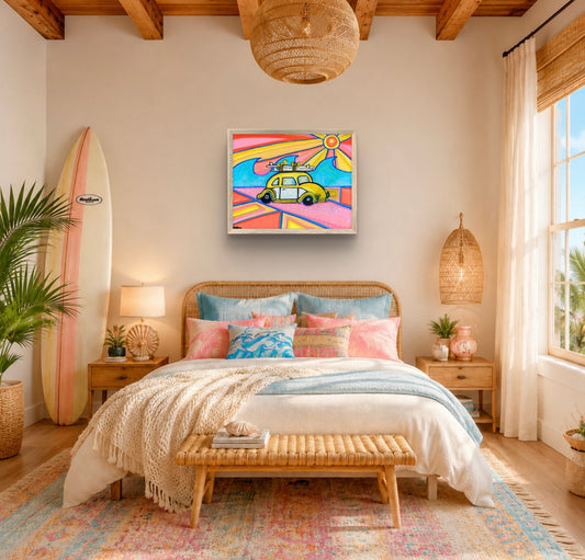 Colorful Beach Car Wall Art | Retro Coastal VW Print