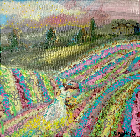 Rolling Hills Flower Field Original Painting | 10x10 Acrylic on Canvas | Pastel Countryside Landscape Wall Art