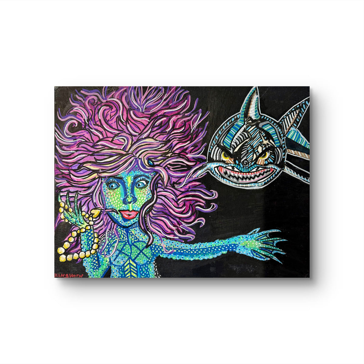 Mermaid and Shark Original Painting | 12x16 Acrylic on Canvas Panel | Colorful Ocean Mermaid Wall Art