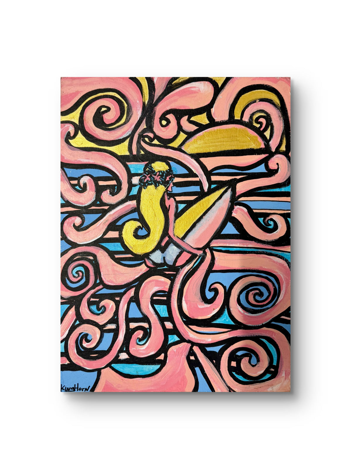 Hawaiian Surfer Girl Sunset Original Painting | 12x16 Acrylic on Canvas Panel | Pink Coastal Surf Wall Art