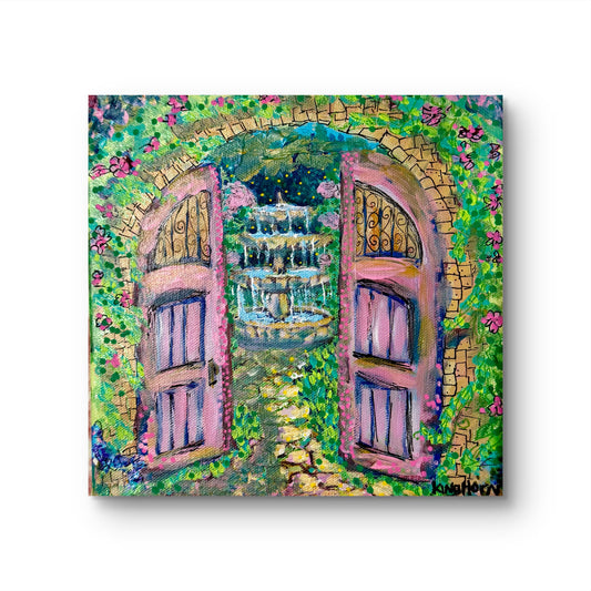 Pink Secret Garden Door Original Painting | 8x8 Acrylic on Canvas | Garden Fountain Archway Wall Art
