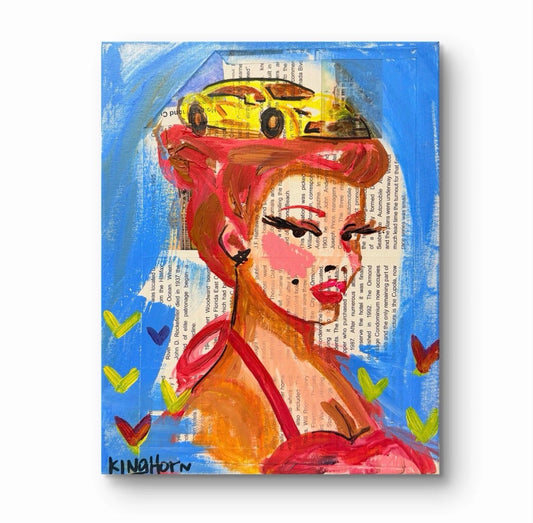 Ormond Beach Birthplace of Speed Original Painting | 11x14 Mixed Media Acrylic & Collage | Retro Pin-Up Portrait Wall Art