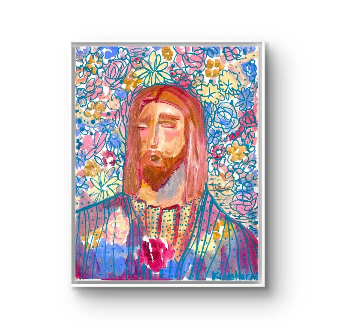 Sacred Heart of Jesus Original Painting | 11x14 Acrylic on Canvas | Floral Christian Wall Art