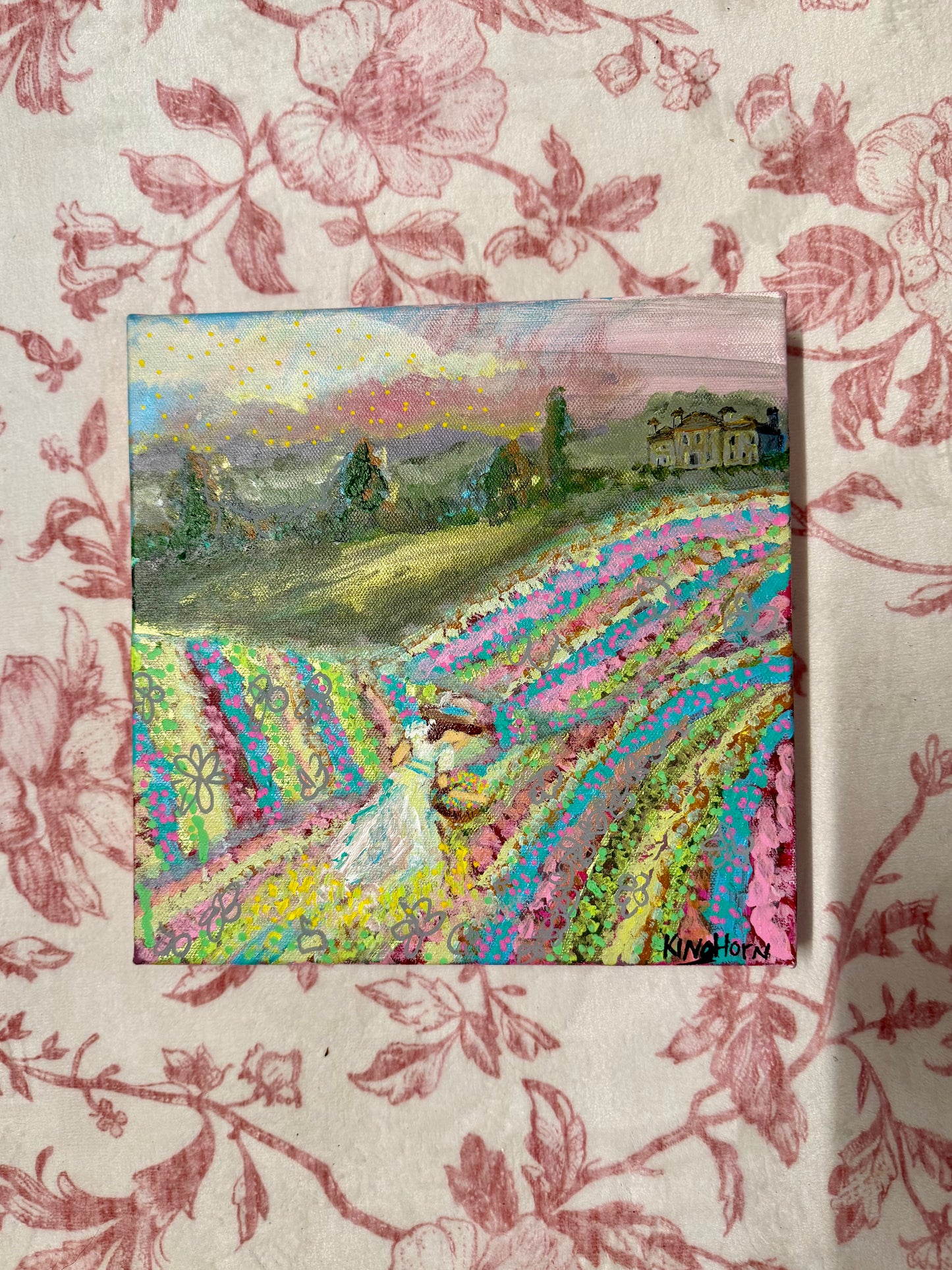 Rolling Hills Flower Field Original Painting | 10x10 Acrylic on Canvas | Pastel Countryside Landscape Wall Art