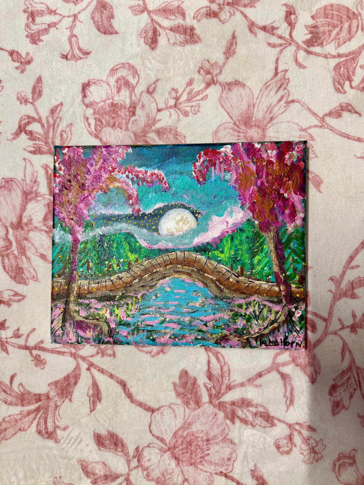 Moonlit Garden Bridge Original Painting | 8x10 Acrylic on Canvas | Pink Blossom Pond Landscape Wall Art