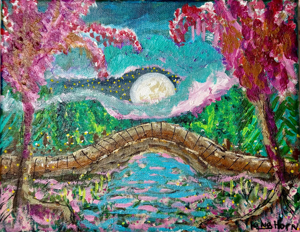 Moonlit Garden Bridge Original Painting | 8x10 Acrylic on Canvas | Pink Blossom Pond Landscape Wall Art