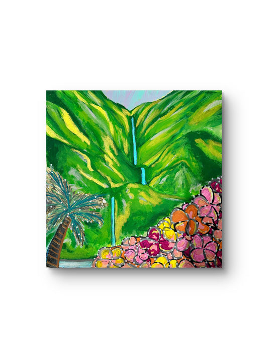 Hawaiian Waterfall and Plumeria Original Oil Painting | 12x12 Oil on Canvas Panel | Tropical Island Wall Art