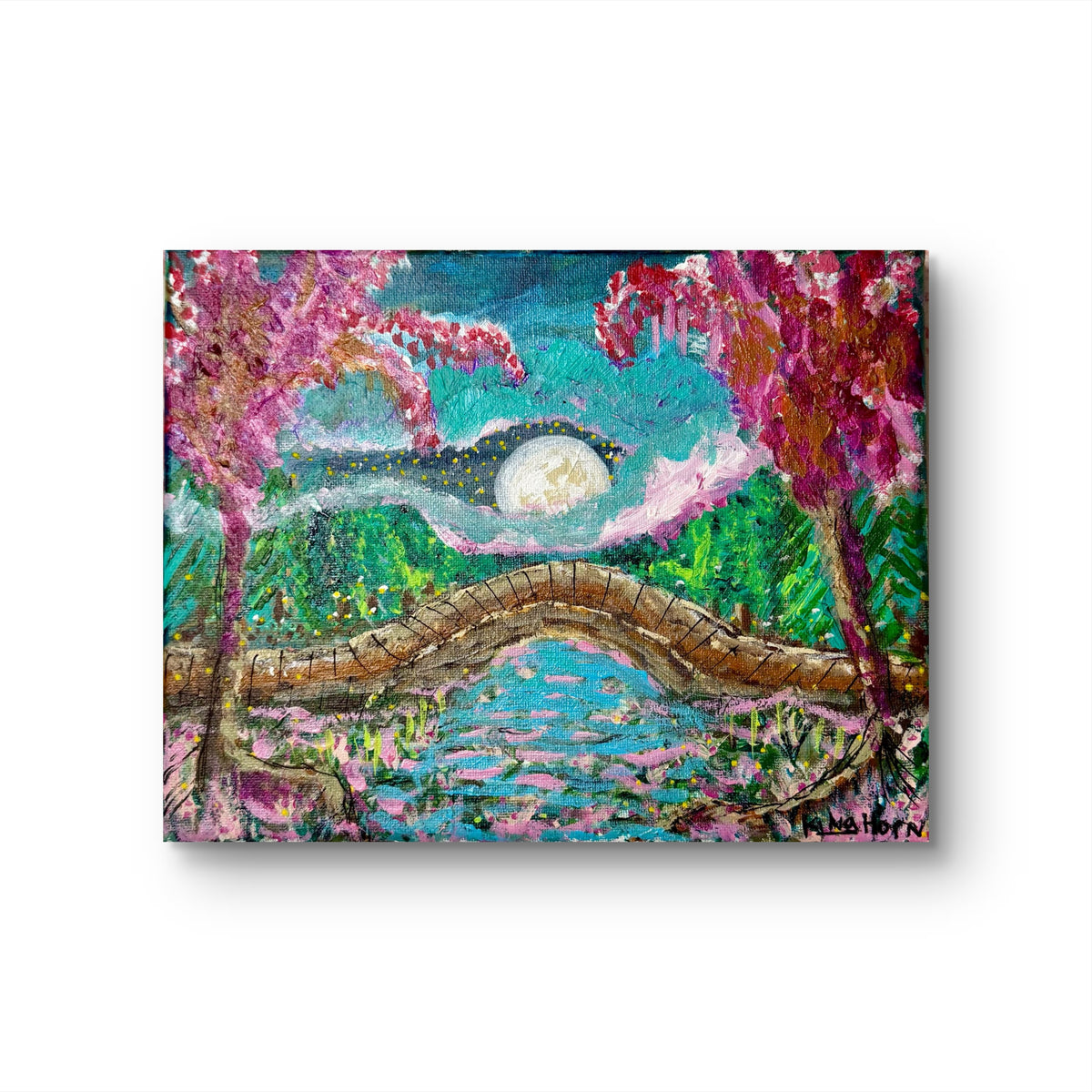 Moonlit Garden Bridge Original Painting | 8x10 Acrylic on Canvas | Pink Blossom Pond Landscape Wall Art