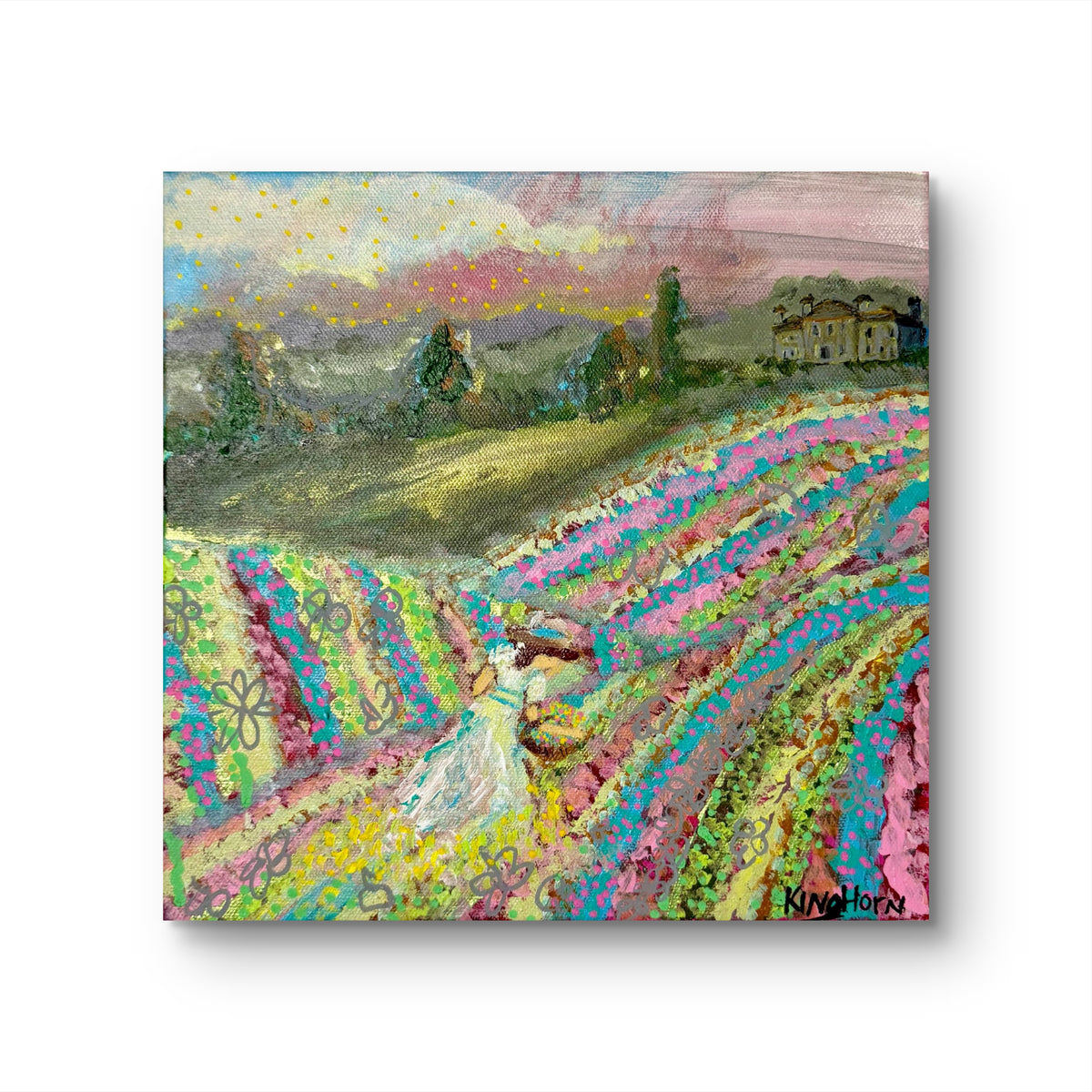 Rolling Hills Flower Field Original Painting | 10x10 Acrylic on Canvas | Pastel Countryside Landscape Wall Art