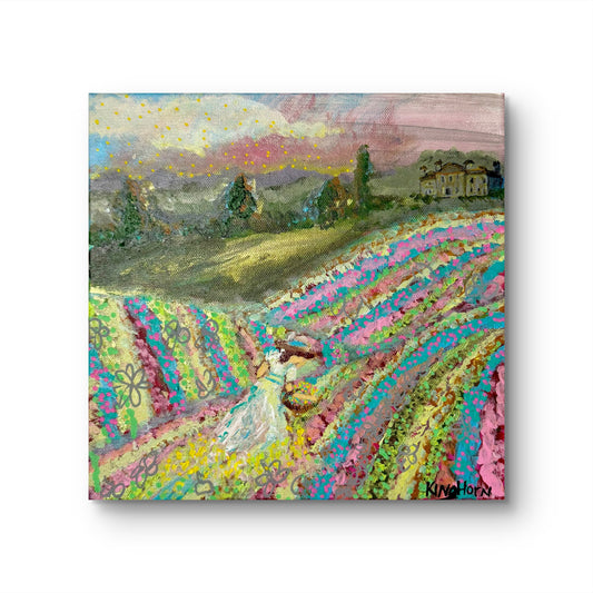 Rolling Hills Flower Field Original Painting | 10x10 Acrylic on Canvas | Pastel Countryside Landscape Wall Art