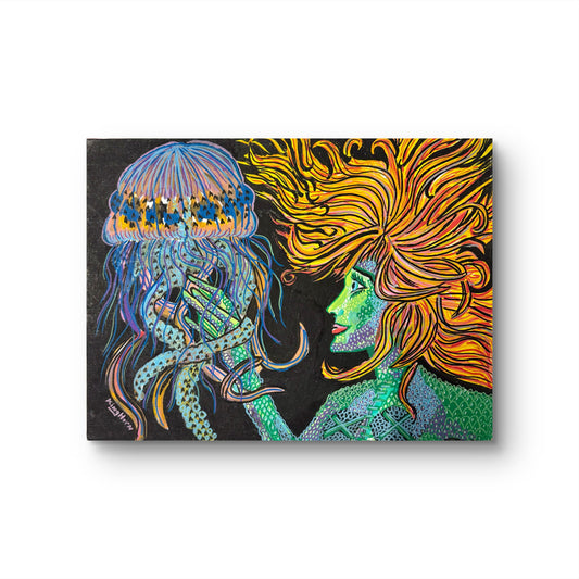 Mermaid and Jellyfish Original Painting | 12x16 Acrylic on Canvas Panel | Colorful Ocean Mermaid Wall Art