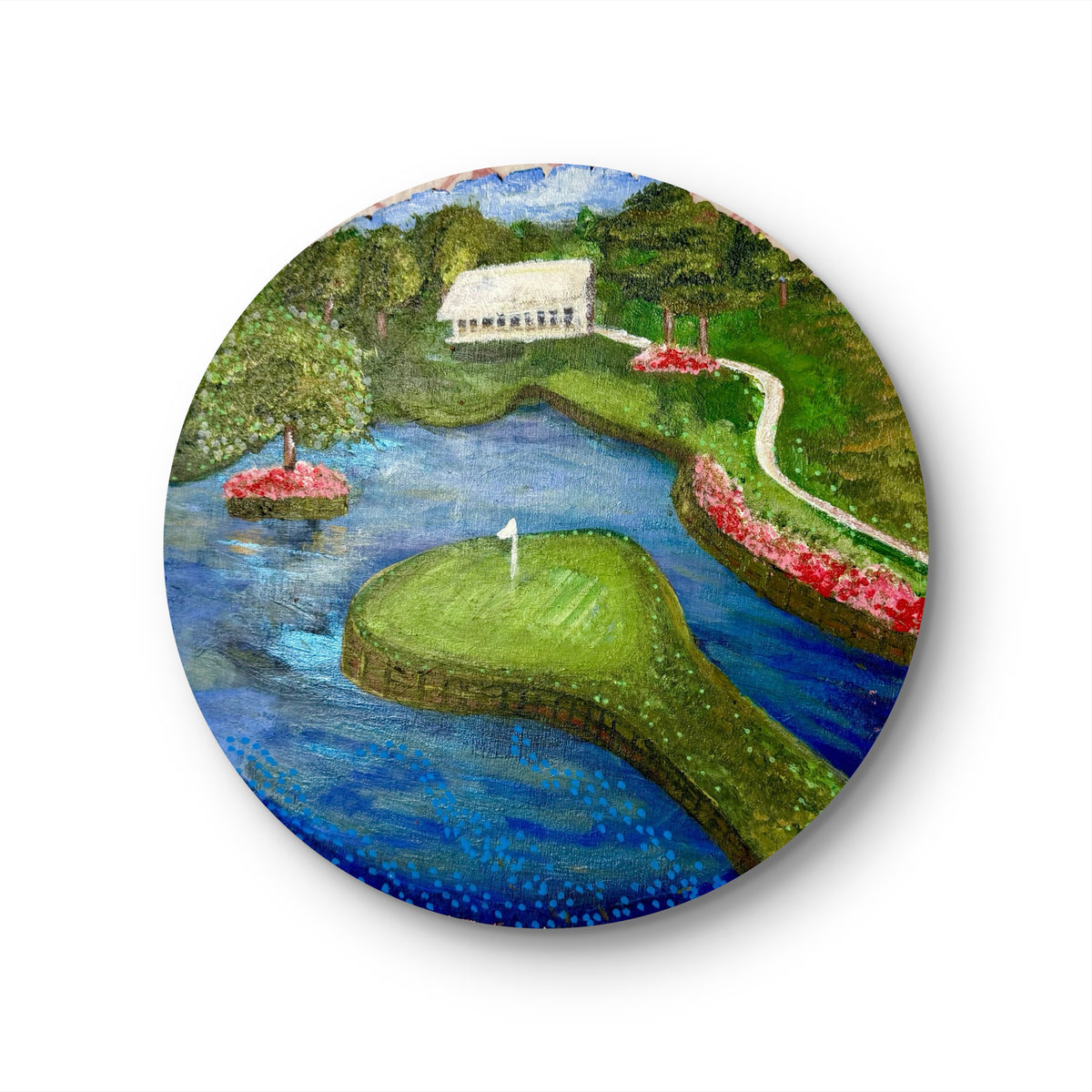Sawgrass Island Green Original Painting | 12" Acrylic on Wood Tree Round | Ponte Vedra Florida Golf Art